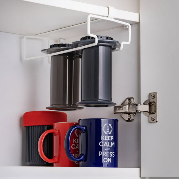The RACK: Under Cabinet Rack Compatible with AeroPress Coffee Maker. Fits All Models Including AeroPress Go.